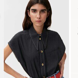 Ganni Cotton Poplin Diamond Sleeveless Top - Black/Gold - Large/XL